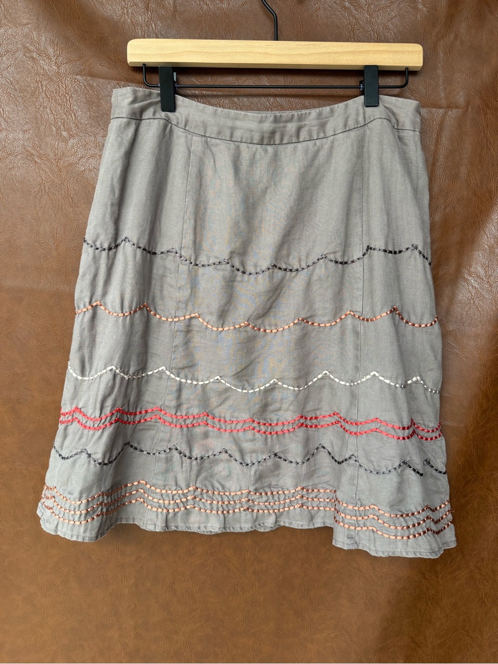 Boden Womens 12 Linen Skirt Gray Embroidered A Line Boho Multicolor Lined